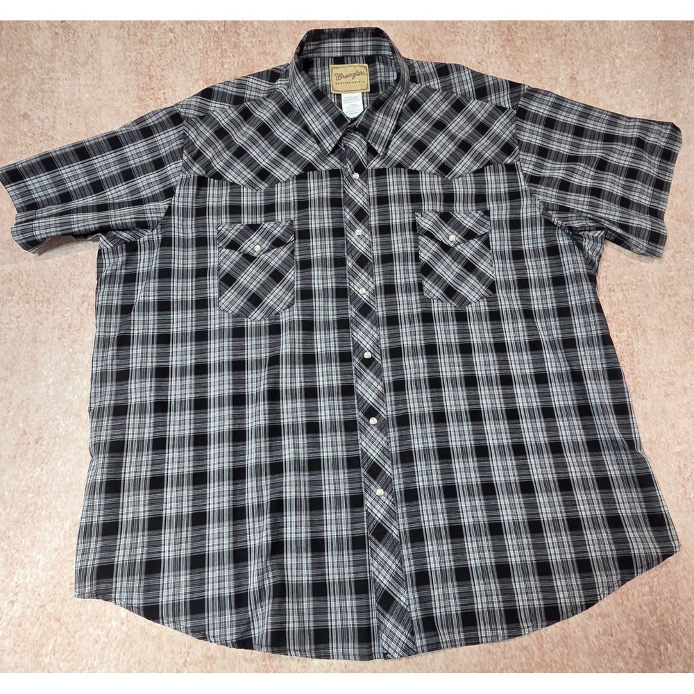Wrangler Western Shirt Mens 3XL Big Black White Plaid Pearl Snap Short Sleeve